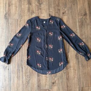 T Tahari Dark Blue Floral Blouse